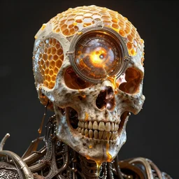cyclopean deity with stargate eye and molten honeycomb structure skull, intricate detail, royo, whealan, giger, hd, 8 k, octane render, unreal engine,