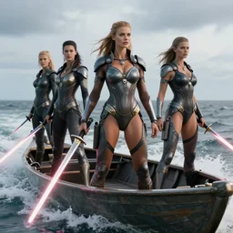 viking women in speed boats, wearing a skin - tight futuristic valkerie bikinis, standing guard, holding laser swords, rough seas in background, hyper - realistic, highly detailed, accurate, 8 k octane render