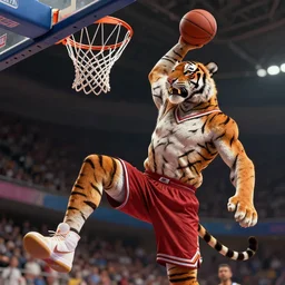 a photorealistic picture of a tiger dunking a basketball in style of a comic book illustration Trending on Artstation, featured on Behance, well-rendered, fine detail, extra crisp image, Unreal Engine, 4K HD