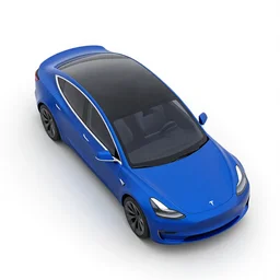 a top view of a blue tesla car on a white background, unreal engine 3 d rendering