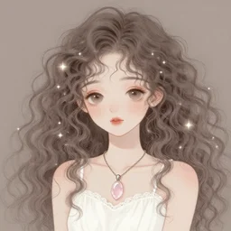 harmony of cute woman with curly with white dress & rose quartz pendant, tiny glowing stars, line - art, by wlop, james jean, victo ngai! muted colors, highly detailed, fantasy art by craig mullins, thomas kinkade cfg _ scale 8