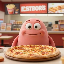 the strange pizza creature at the fast food place, film still from the movie directed by denis villeneuve and david cronenberg with art direction by salvador dali and zdzisław beksinski, wide lens