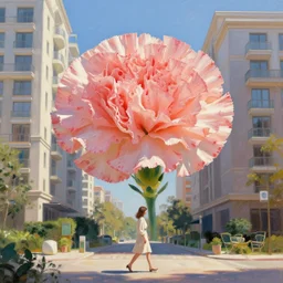 huge carnation flower head, woman walking between luxury apartments, surreal photography, sunlight, impressionist painting, digital painting, artstation, simon stalenhag