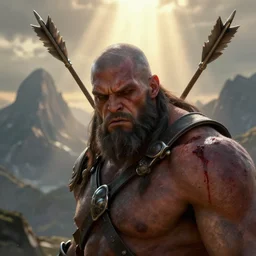head and shoulders masterpiece portrait of ork warrior struck by an arrow in the shoulder, bleeding, tired, desolated mountains in the distance, god rays, surreal background, digital art by krenz cushart, trending on artstation, cgsociety, octane render
