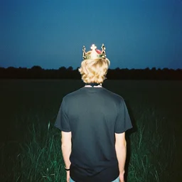 kodak ultramax 4 0 0 photograph of a blonde guy wearing a kings crown standing in a dark field, back view, grain, faded effect, vintage aesthetic, vaporwave!!, 9 0 s vibe,