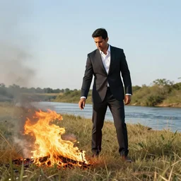 a still of Juan Cabandie in suit setting fire to the wild nature near a river, art by by James Gurney , Charlie Immer, Award winning photo, sharp focus, octane render 8k , dramatic lighting