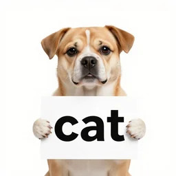 dog holding a sign that says 'cat'