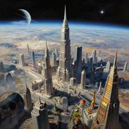 a epic painting of low earth orbit space city under war by john harris, craig mullins, greg rutkowski and alphonse mucha. ultra clear detailed. 3 d, octane render. 8 k