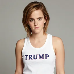 Photo of Emma Watson wearing Trump tanktop, soft studio lighting, photo taken by Martin Schoeller for Abercrombie and Fitch, award-winning photograph, 24mm f/1.4