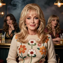 sophisticated portrait of Christina Hendricks Dolly Parton Kat Dennings wearing a sweater, 1960s flower power hippy, very smoky Paris bar, elegance, highly detailed, shallow depth of field, Artstation, Artgerm, Donato Giancola and Joseph Christian Leyendecker