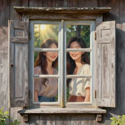 old wood house window, two happy fashion models, 3 d, close - up, morning, sun rays, forest, poster art, intricate oil painting, high detail, figurative art, multiple exposure, poster art, 3 d, by stanley kubrick and tooth wu and wlop and beeple