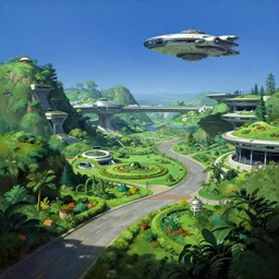 beautiful matte painting of green gardens with roads on a futuristic sci-fi space station, cinematic angle, cinematic lighting, blue sky, spaceship hovering above, by Syd Mead, John Harris, Federico Pelat