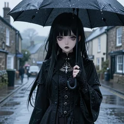 1 7 - year - old anime goth girl, black hair, long bob cut, long bangs, gothic coat, long bangs, enjoying rainy day, united kingdom, rainy day, small town in great britain, midlands of england, ultra - realistic, sharp details, cold lighting, blue and gray colors, intricate details, subsurface scattering, hd anime, 2 0 1 9 anime