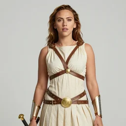 scarlett johannson as an amazon warrior, a tall beautiful woman with brown skin and long hair, dressed in hellenistic body armor, intricate, elegant, highly detailed, smooth, sharp focus, detailed face, high contrast, graphic novel, art by ardian syaf