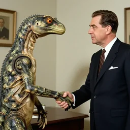 Reptilian creature shaking hands with Nixon, photo pic set in 1920s