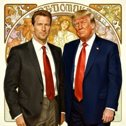 jean Claude van Damme meets donald Trump, by alphonse mucha,