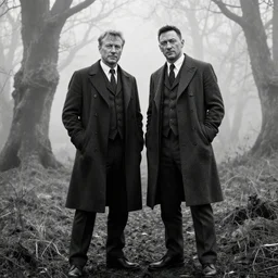 medium long shot, 3 / 4 shot, full body, of clint eastwood and tom hardy posing, sharp eyes in the style of peaky blinders, detailed, black and white, sharp, dreamy, misty woods, epic by diane arbus