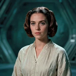 screenshot portrait of Princess Leia alone in a teal sci fi cave, scene from jedi lost, 1980s film by Stanley Kubrick, 4k serene, iconic , photoreal portrait Carrie fischer, detailed face, moody lighting stunning cinematography, hyper detailed, sharp, anamorphic lenses, kodak color film