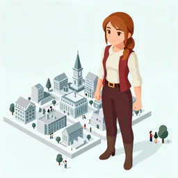 Giant Katniss Everdeen stands next to a town, surrounded by people, isometric art, Gulliver's Travels
