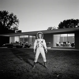 photorealistic wide shot black and white twilight zone style cinematography of a 1 9 8 1 christine f station to station version of healthy david bowie in a cheesy 5 0's space suit acting as a man from outter space in a twilight zone episode that takes place in the john lautner designed mid century modern sheats goldstein house, shot on film by the shining cinematographer john alcott on a cooke panchro 1 8 mm lens.
