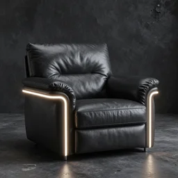 a brutalism leather armchair with led strips, dark concrete room, intricate details, octane render