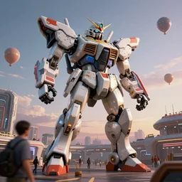 a beautiful hyperrealistic ultradetailed 3 d render of a gigantic mecha guarding a sci - fi spaceport, by dan mcpharlin : 3, mech, unreal engine, octane render, gigantic, unreal engine, octane render, 3 d, brilliantly coloured, intricate, ultra wide angle, trending on artstation, dusk, volumetric lighting, hdr, polished, micro details, ray tracing, 8 k : 2, people, sphere, balloon, blurry, blur, depth of field, dof, bokeh, obscured, macro : - 1