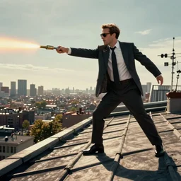 macron dodging bullets on a rooftop, in matrix, realistic, matrix lut, american shot,