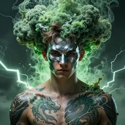 character concept, portrait, symmetrical head - on centralized, teen super hero with strong tatoo body and acid super power, toxic clouds, green and silver, detailed, high quality, dynamic lightning, fantasy, scenematic. artwork by artgerm, wlop, alex ross, greg rutknowski, alphonse mucha