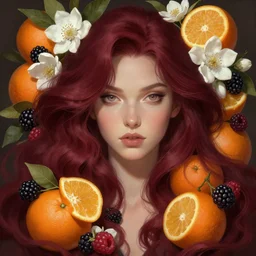 photo by eric burkhanaev, burgundy hair, portrait with oranges, white flowers, blackberries and raspberries, deep focus, d & d, fantasy, complex, elegant, highly detailed, digital painting, artstation, concept art, matte, clear focus, illustration, hearthstone, artgerm art, greg rutkovsky and alphonse mucha
