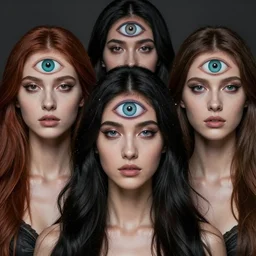 !5 three eyed goddesses, third eyes middle of foreheads, long necks, very wide wide shot, very hairy bodies, beautiful colors, eyes in forehead, beautiful lighting, detailed photographs, very detailed, eyes reflecting into eyes reflecting into infinity