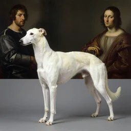 wide shot, accurate, beautiful white russian greyhound!!, realistic, matte painting, sargent, elegant matte painting, sharp focus, by mucha, velasquez, botticelli, rockwell