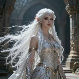 portrait of a stunning exotic fantasy dark elf female sorcerer with long white hair flowing in the wind at the location of ancient ruins filled with magic