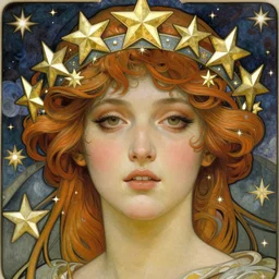 realistic detailed face portrait of a beautiful Goddess of Night crowned in stars by Alphonse Mucha, Greg Hildebrandt, and Mark Brooks, gilded details, spirals, Neo-Gothic, gothic, Art Nouveau, ornate medieval religious icon