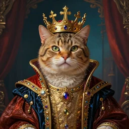 A renaissance portrait painting of a cat king with his crown and in his royal robe. Unreal Engine 5. DAZ. Octane render. Symmetrical. Attention to detail. Vibrant bright colours. High saturation. Extremely moody lighting. Atmospheric. Cinematic. Intricate. 8K. Stunning. Breathtaking. Awe-inspiring. Award-winning. Concept art. Trending. ArtStation