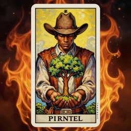 a beautiful dramatic symmetrical tarot painting of a cowboy with a tree growing from his cupped hands | he is dark skinned and wearing a cowboy hat | the background is flames | tarot card, art deco, art nouveau | by Mark Maggiori | trending on artstation