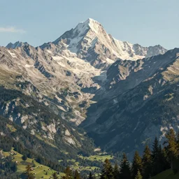 mountain range and Alm in the Alps in the style of Heidi the cartoon, cartoon, intricate Details, concept art, matte painting, highly detailed, rule of thirds, dynamic lighting, cinematic, detailed, denoised, centerd, clean render
