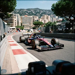car race overtaking at monaco, 6 0 s, film grain, onboard cam