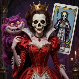 Queen of Hearts with Cheshire Cat, Death Tarot card,highly detailed,half skull face,cinematic,8k,by Stanley Artgermm,Tom Bagshaw,Greg Rutkowski,Carne Griffiths, Ayami Kojima, Beksinski, Giger,trending on DeviantArt,hyper detailed,horror, full of colour