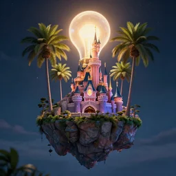the disney castle surrounded by giant palm trees on a giant floating island in the sky at night, a huge light bulb illuminates the island from above, cinematic, digital art by erik johansson, 8 k resolution, hyper detailed, sharp focus