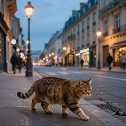 brown and fat cat is walking at street in early 2 0 th century paris. street lights. evening. warm atmosphere. epic scene. blue vivid colours. 4 k, hyperdetailed. realism, by d'edouard cortes, by gustave courbet, by jean - francois millet, by honore daumier, by jean - baptiste - camille corot, by adolph von menzel, by thomas cowperthwait eakins, by ilya repin, by jean - francois millet, by andrew newell wyeth, by rosa bonheur, by edward hopper