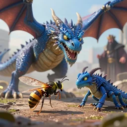 a ultrarealistic hyperrealistic matte painting 3 d render of a tiny wasp fighting the gigantic blue dragon, by dan mumford and lorddoomhammer and simon stalenhag : 7 high quality, 8 k, 8 k resolution, 4 k, 4 k hd, hdr, blurry, smooth, airbrushing, soft lighting, dynamic lighting, cinematic lighting, epic : 3