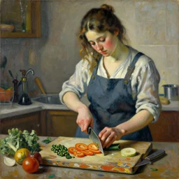 a beautiful painting of a gorgeous young mother chopping vegetables on a weathered cutting board, representative of the art style of artgerm and wlop and peter mohrbacher