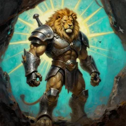 muscular lion barbarian robocop armor  full body pose, sun rays , small bird sihouettes  in cyan background , very textured detailed  oil painting by rembrandt , hard backlight , in dark cave