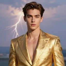 sam hyde wearing luxurious gold suit, sigma male, accurately portrayed, portrait art by tran nguyen and claude monet, highly detailed, illustration, ethereal lighting with twilight rays of lightning, very detailed, smooth, sharp focus, octane render, close up