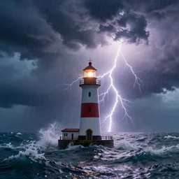 A beautifully strange photo illustration of a small lighthouse in the middle of the ocean under a storm, rain, ligtning, wind, huge waves, clouds, sun rays, volumetric lightning, beautiful, deep colors, bright, amazing, gorgeous, wonderful, Hyper detailed digital matte painting, concept art, hyperrealism, Cinema 4D, 8k resolution, 64 megapixels, coherent, CGSociety, ZBrush Central, behance HD, hypermaximalist, a masterpiece, 4K