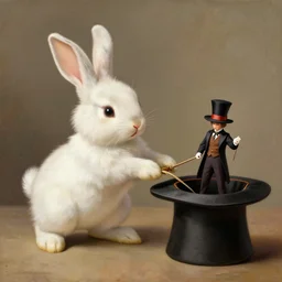 cute bunny pulling a small human magician out of a hat. Academic painting by Greg Rutkowski, Mobile still frame. 4K UHD