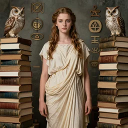 a young teenage diane lane as the goddess minerva surrounded by stacks of books, owls, esoteric symbols, in the style of dariusz zawadzki, 8 k, hyperdetailed