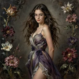portrait of a young attractive nerdy woman in flowing sensual dress, arrogant, long fine flowing hair, delicate, looking at camera, slightly awkward smile, realistic face, hands behind back, stylish, elegant, grimdark fantasy, flowers, extremely detailed painting inspired by Gerald Brom and Ernst Haeckel and Kaluta, studio lighting