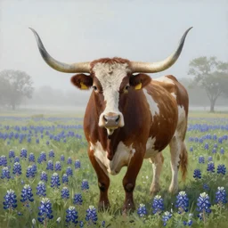 award winning painting of a Texas longhorn standing in a field of bluebonnets early morning fog, digital art, insanely detailed, octane render, unreal engine