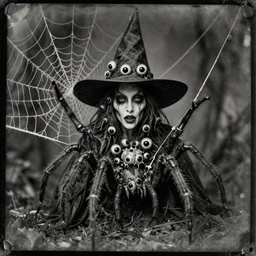 old daguerreotype photo of a evil witch with many small round black spider eyes, spider legs, cobwebs, detailed, intricate, black and white grainy, chromatic aberration, scary, horror